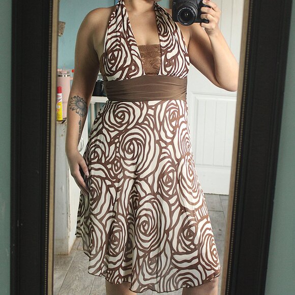 'American One' VINTAGE MADE IN USA brown cream halter floral print lace dress - Picture 1 of 5
